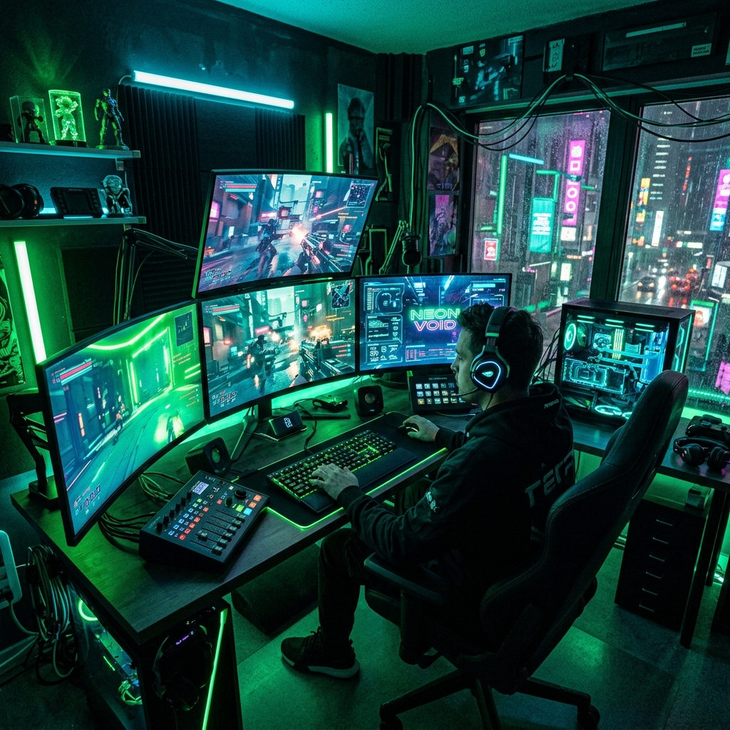 High-tech futuristic gaming setup in a cyberpunk room, neon green and cyan lighting