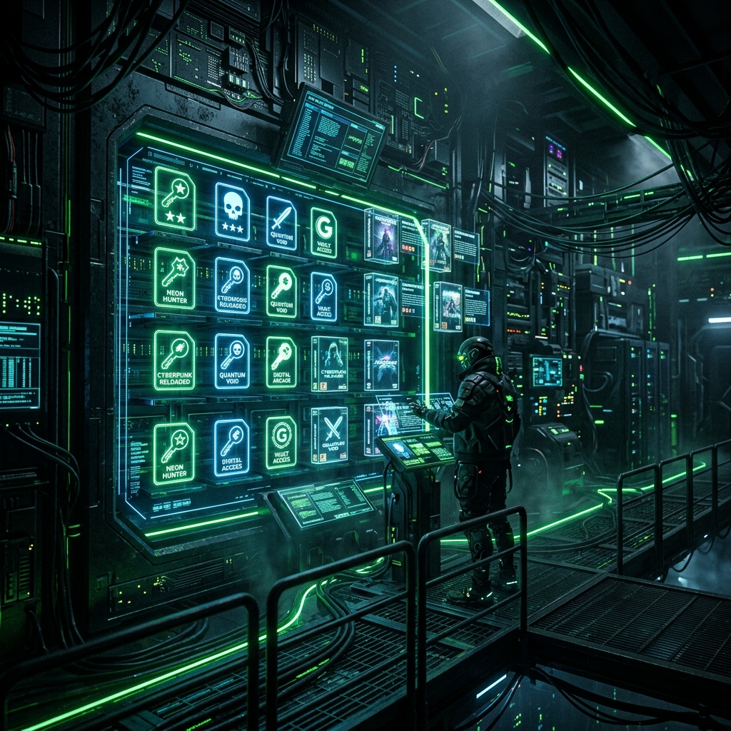Futuristic digital vault with glowing holographic game keys and software boxes